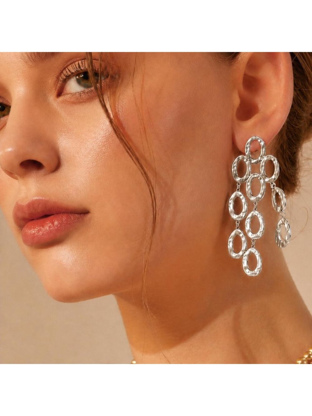 Women's Silver 18k Gold Plated Statement Hammered Chandelier Long Oval Earrings - Picture 4 of 7